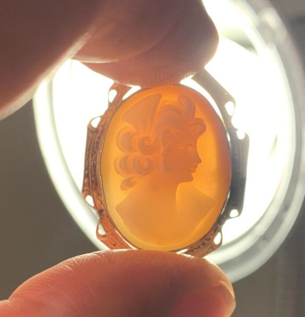 Vintage Amco Cameo Brooch Carved Shell 12K Gold Filled Filigree Pin